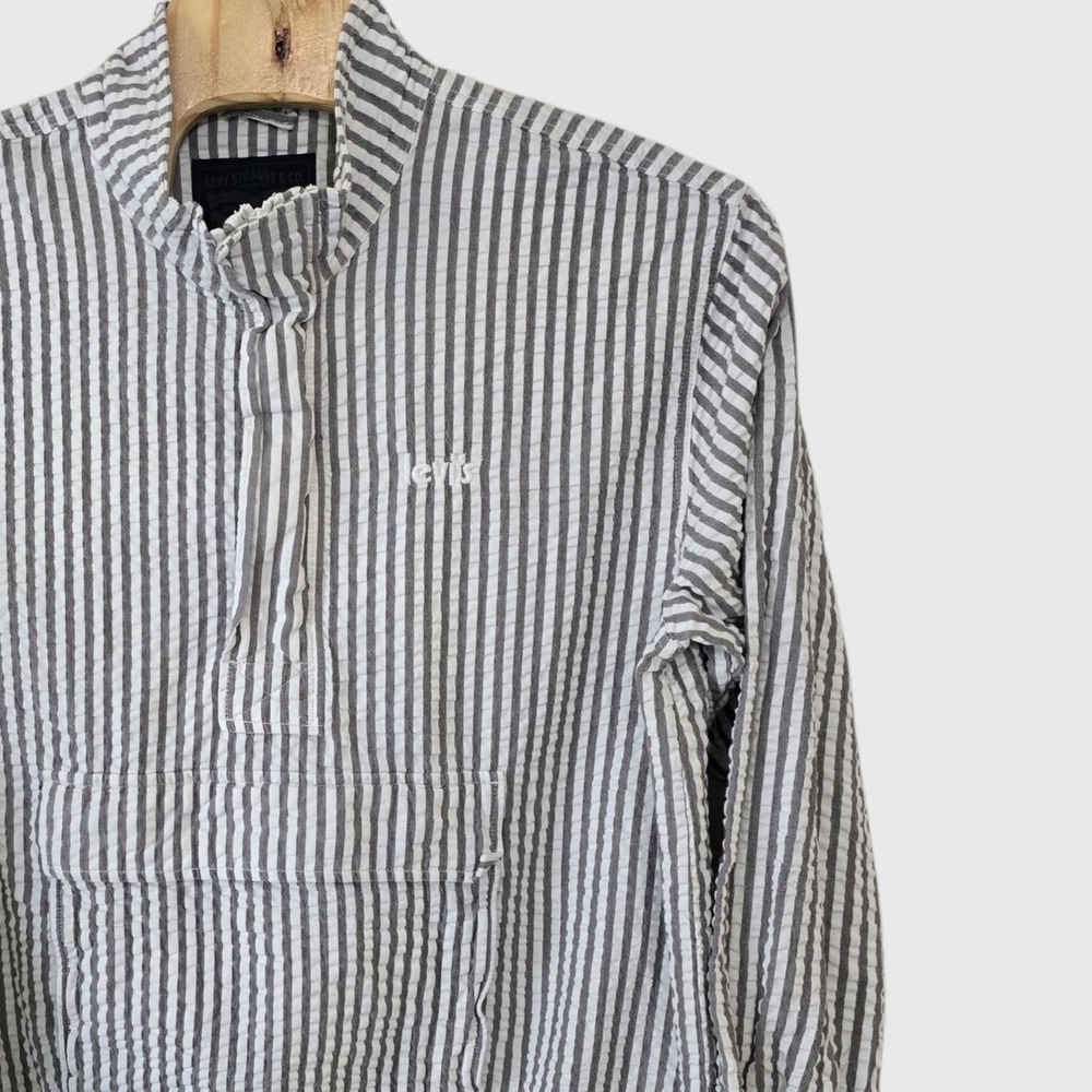 Levis Mens XL Seersucker Anorak Pullover Jacket Grey White Striped Quarter Zip